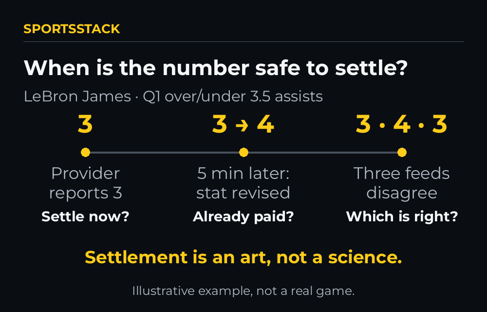 Settlement example (illustrative): three assists reported, corrected to four after five minutes, then feeds disagree three, four, three